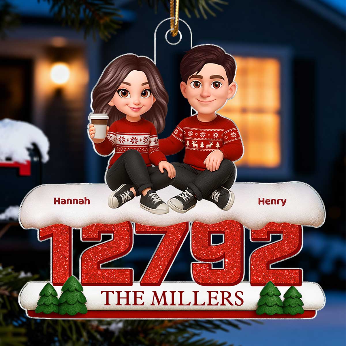 3D Effect Cartoon Family Sitting On Snow Zip Code - Personalized Acrylic Ornament - Image 5