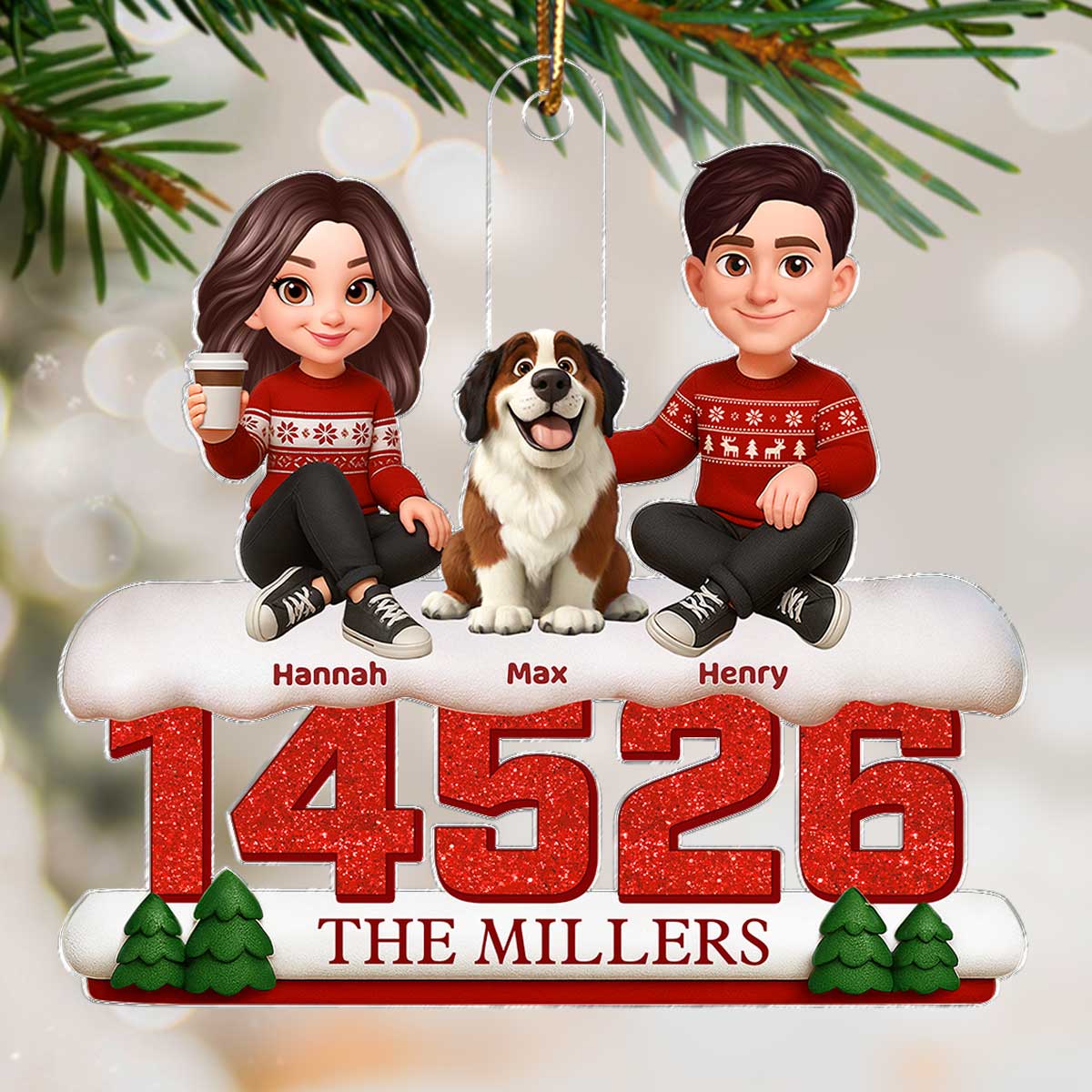 3D Effect Cartoon Family Sitting On Snow Zip Code - Personalized Acrylic Ornament - Image 7