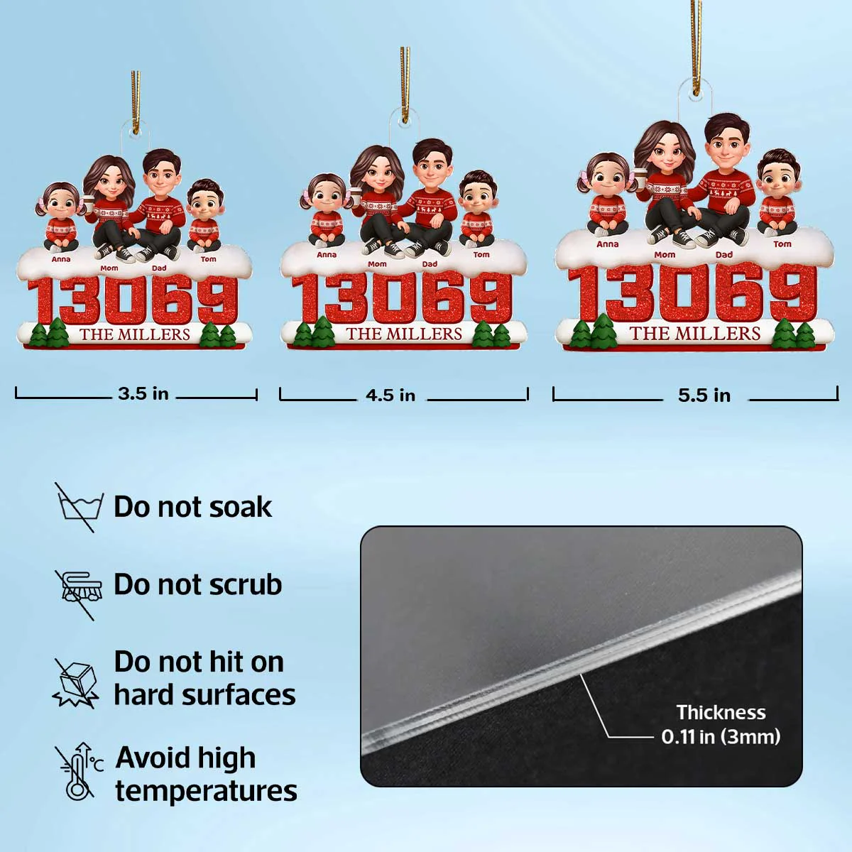 3D Effect Cartoon Family Sitting On Snow Zip Code - Personalized Acrylic Ornament - Image 8