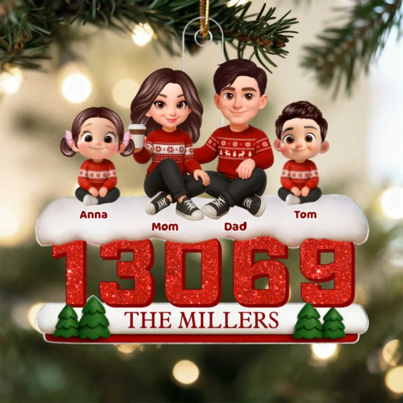 3D Effect Cartoon Family Sitting On Snow Zip Code - Personalized Acrylic Ornament - Image 9