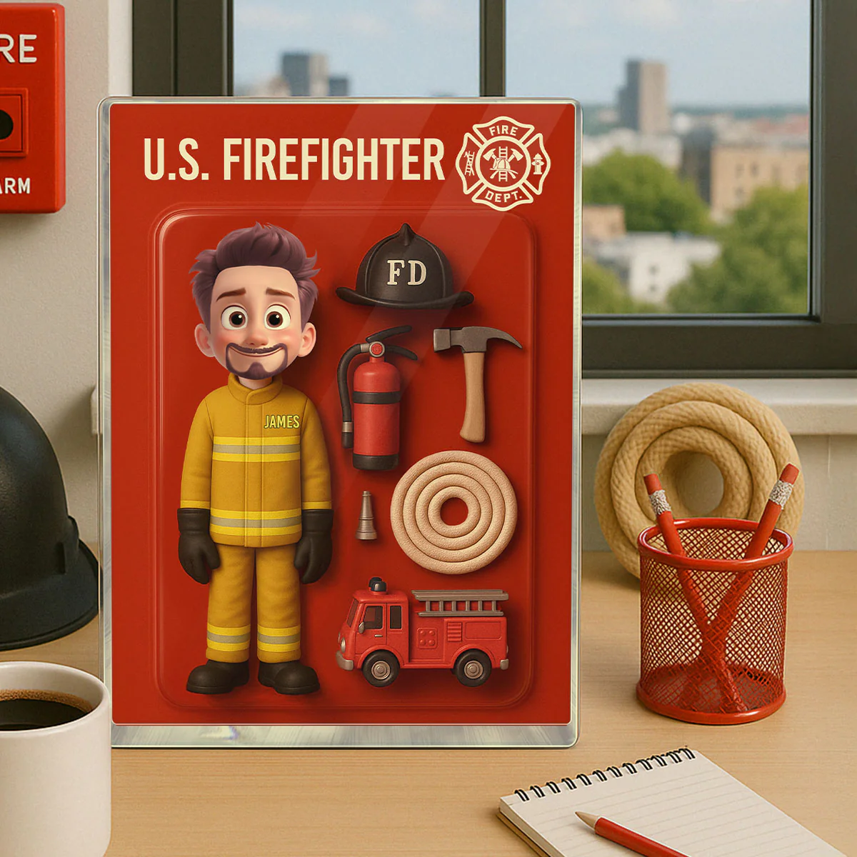 3D Effect Cartoon Funny Style Firefighter Custom Figure Personalized Flat Rectangle Acrylic Block - Image 4