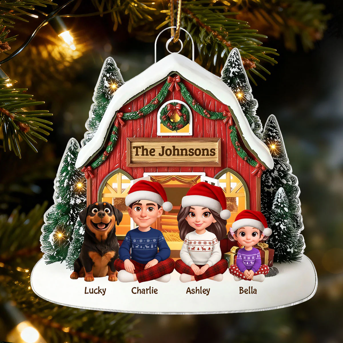 3D Effect Christmas Barn House Family Sitting Together - Personalized Acrylic Ornament - Image 10