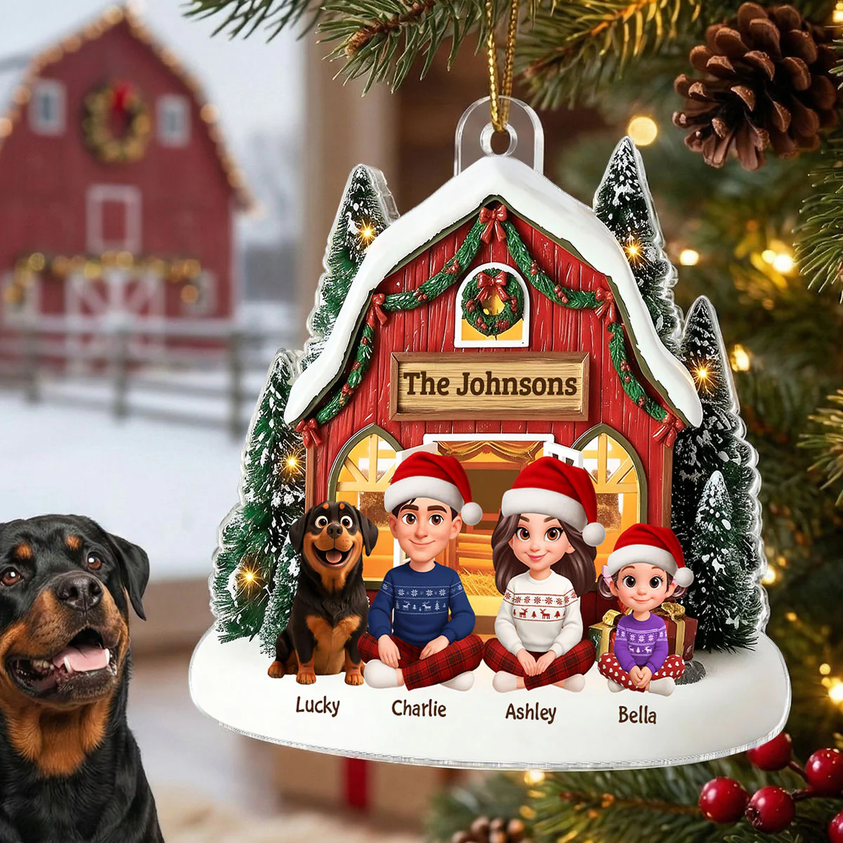 3D Effect Christmas Barn House Family Sitting Together - Personalized Acrylic Ornament - Image 12