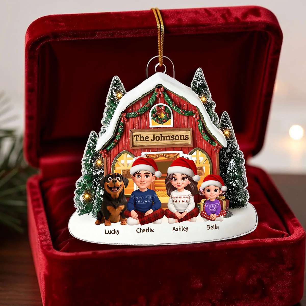 3D Effect Christmas Barn House Family Sitting Together - Personalized Acrylic Ornament - Image 14