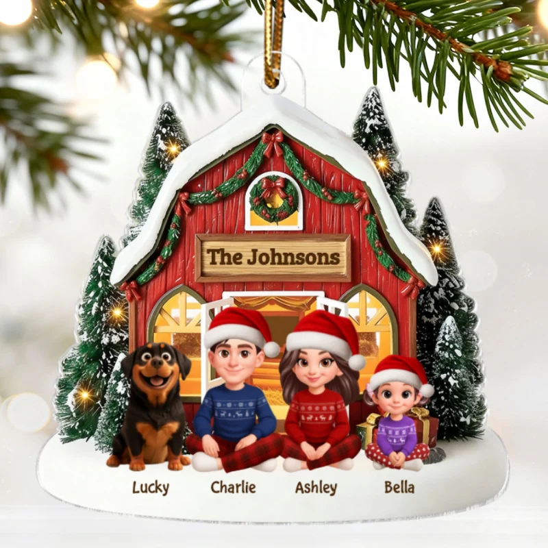 3D Effect Christmas Barn House Family Sitting Together - Personalized Acrylic Ornament - Image 16