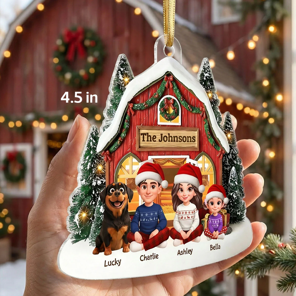 3D Effect Christmas Barn House Family Sitting Together - Personalized Acrylic Ornament - Image 2