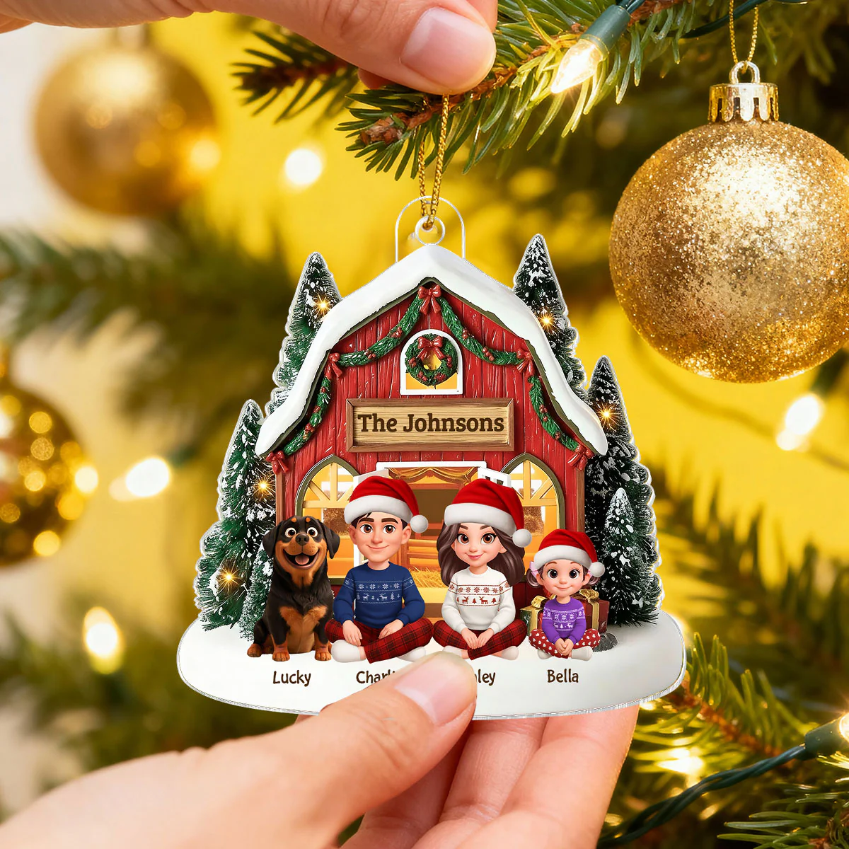 3D Effect Christmas Barn House Family Sitting Together - Personalized Acrylic Ornament - Image 3