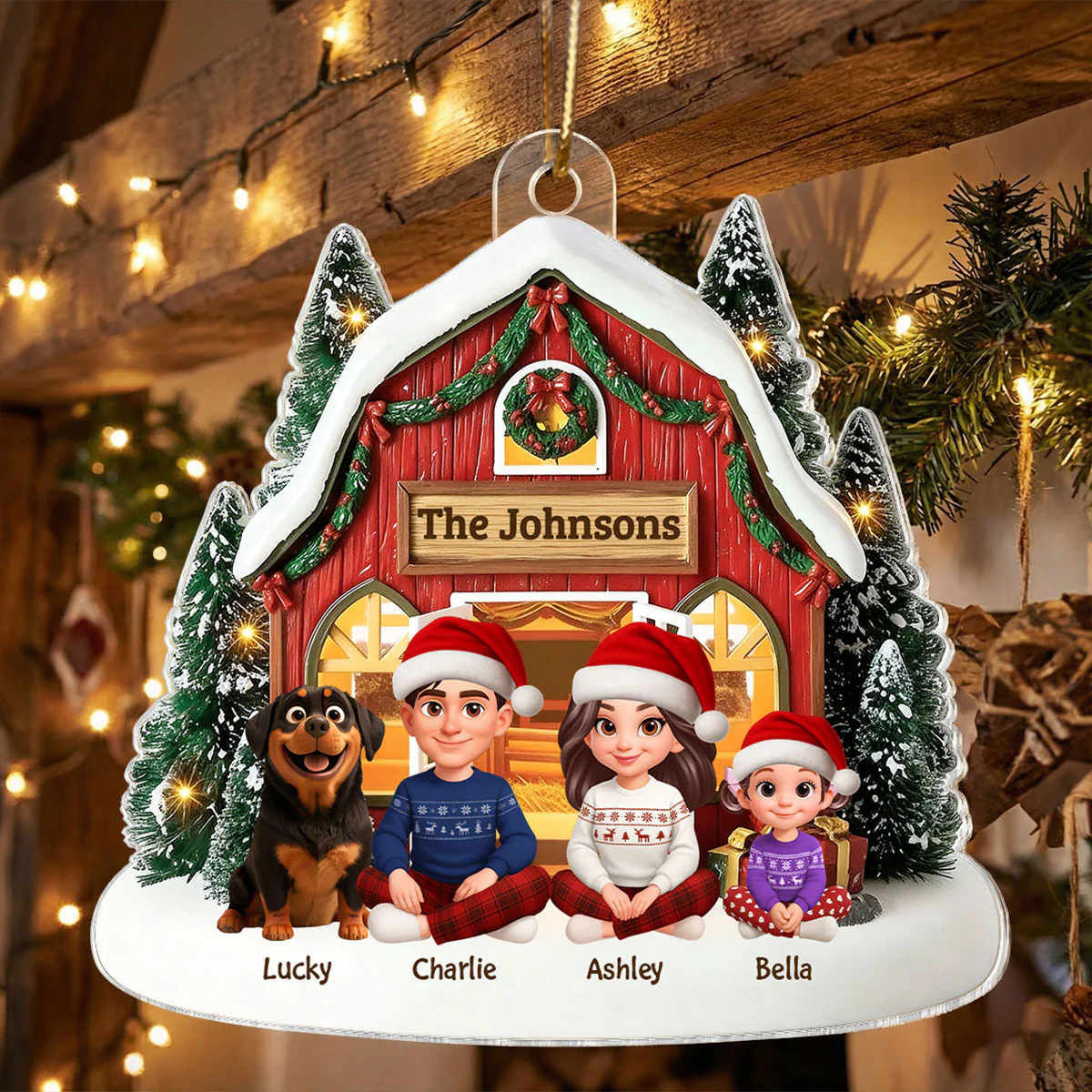 3D Effect Christmas Barn House Family Sitting Together - Personalized Acrylic Ornament - Image 4