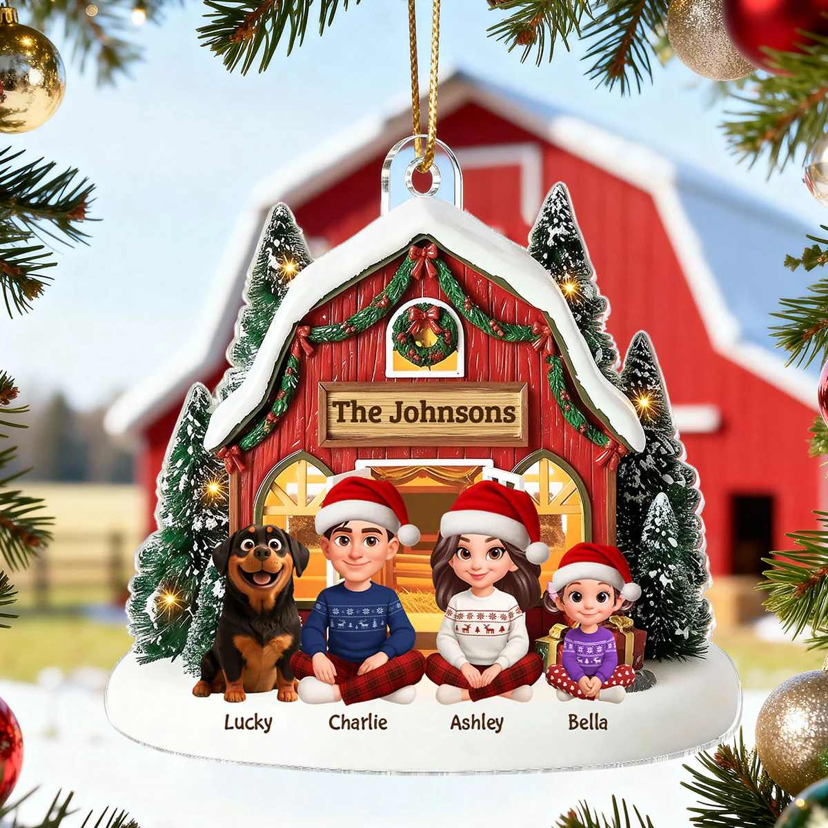3D Effect Christmas Barn House Family Sitting Together - Personalized Acrylic Ornament - Image 5