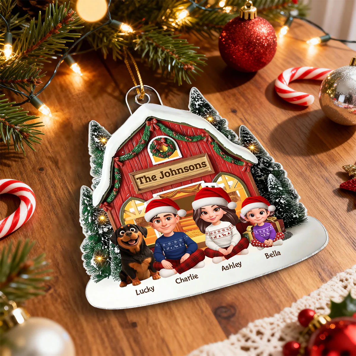 3D Effect Christmas Barn House Family Sitting Together - Personalized Acrylic Ornament - Image 7