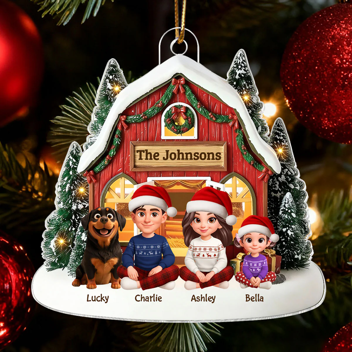 3D Effect Christmas Barn House Family Sitting Together - Personalized Acrylic Ornament - Image 8