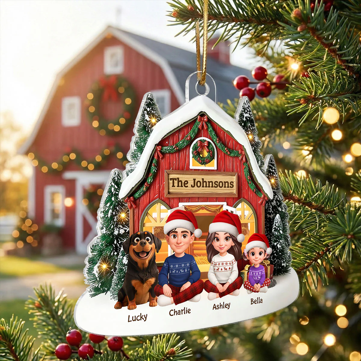 3D Effect Christmas Barn House Family Sitting Together - Personalized Acrylic Ornament - Image 9