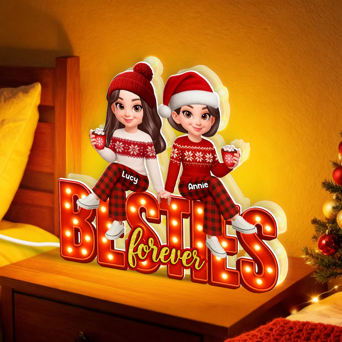 3D Effect Christmas Besties Forever - Personalized Light Box - Christmas Gift For Best Friends - Image 3