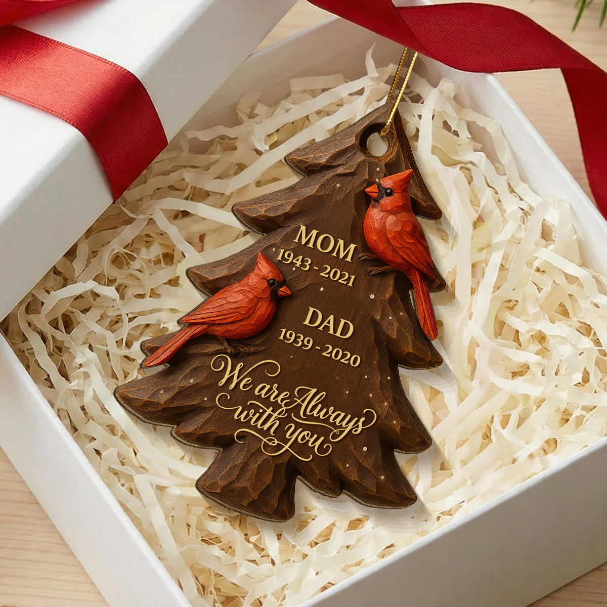 3D Effect Christmas Cardinals Memorial - Personalized Wooden Ornament - Remembrance Gift, Sympathy Gift - Image 3