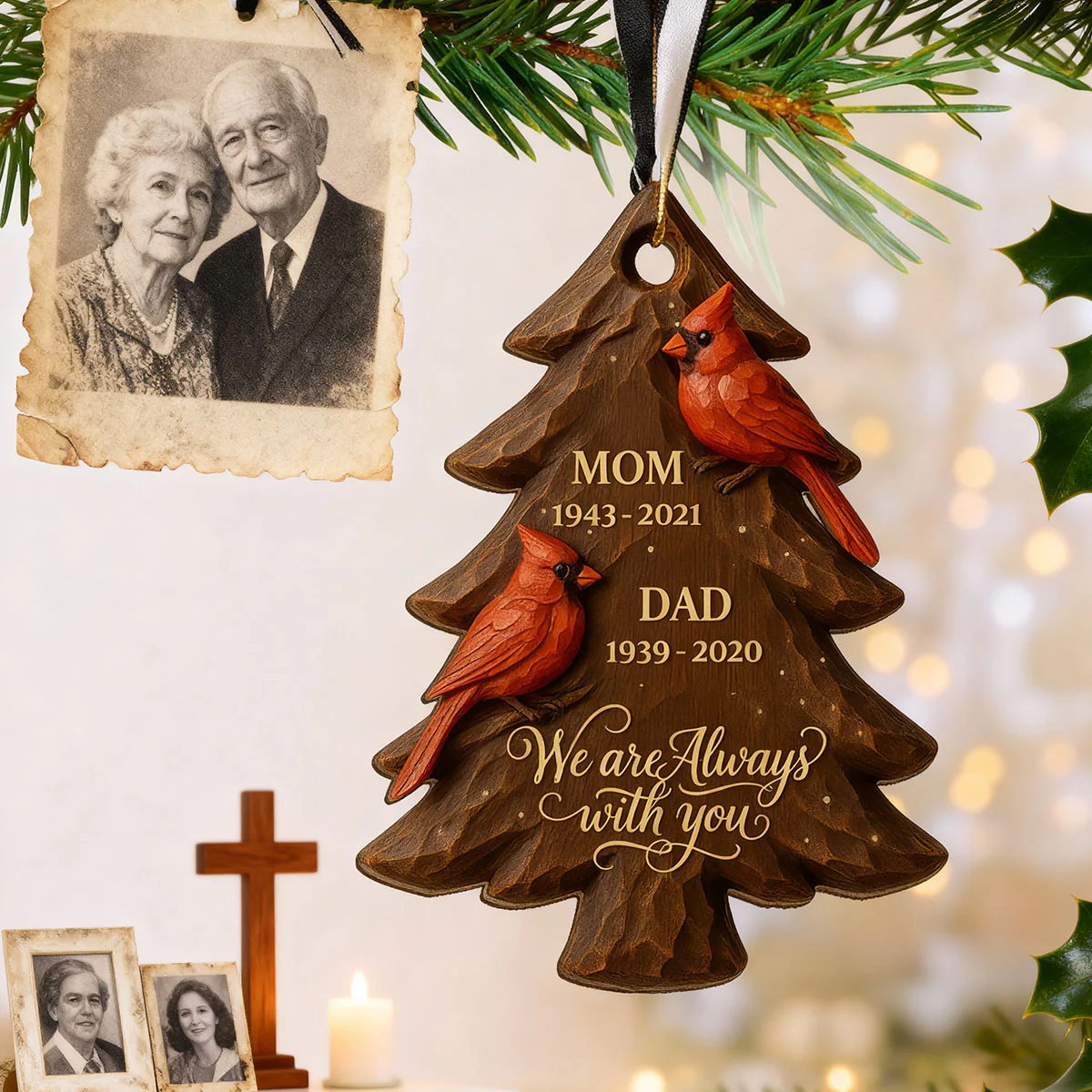3D Effect Christmas Cardinals Memorial - Personalized Wooden Ornament - Remembrance Gift, Sympathy Gift - Image 4