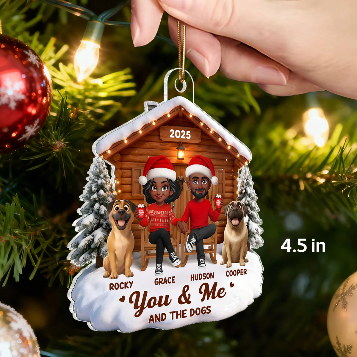 3D Effect Christmas Couple And Dog Cat Wooden Cabin - Personalized Acrylic Ornament - Heartfelt Gift For Couple - Image 2