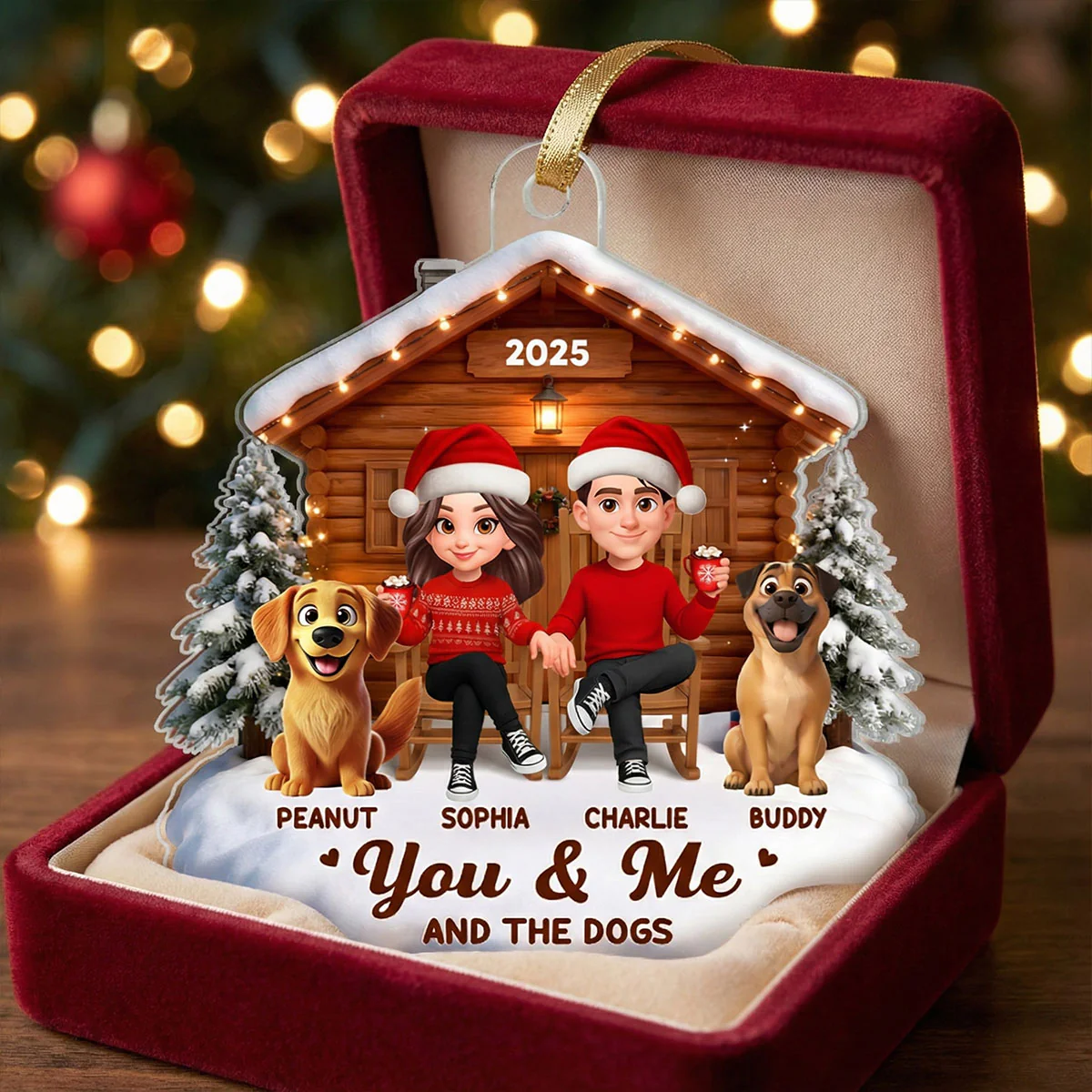 3D Effect Christmas Couple And Dog Cat Wooden Cabin - Personalized Acrylic Ornament - Heartfelt Gift For Couple - Image 3