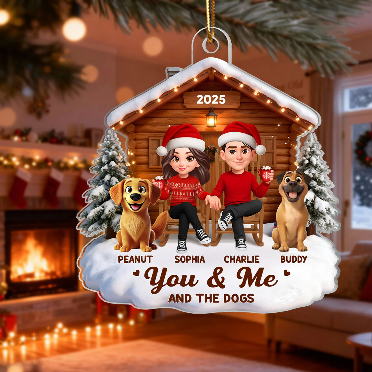 3D Effect Christmas Couple And Dog Cat Wooden Cabin - Personalized Acrylic Ornament - Heartfelt Gift For Couple - Image 4