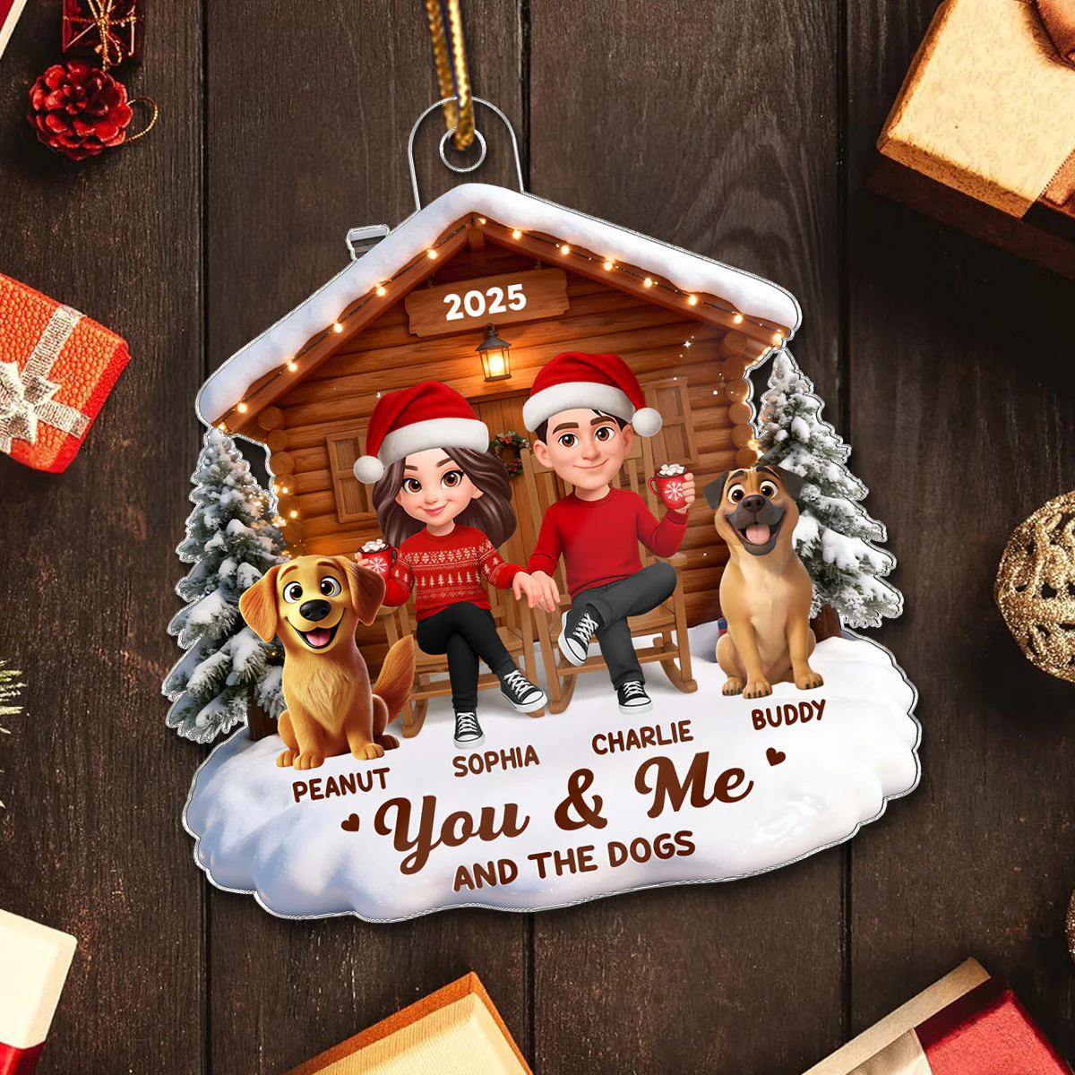 3D Effect Christmas Couple And Dog Cat Wooden Cabin - Personalized Acrylic Ornament - Heartfelt Gift For Couple - Image 5