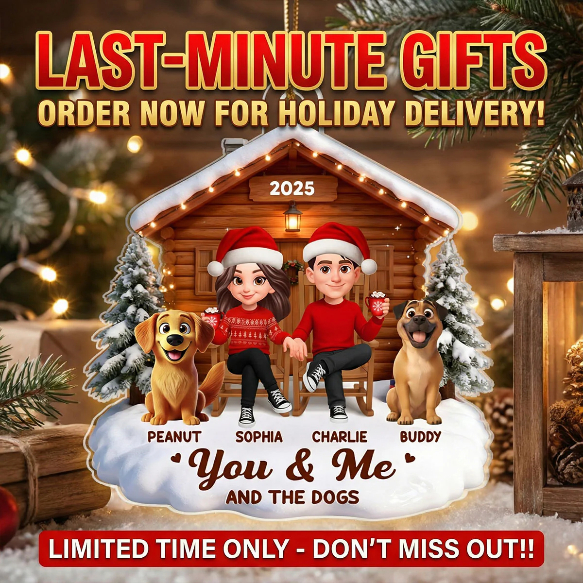 3D Effect Christmas Couple And Dog Cat Wooden Cabin - Personalized Acrylic Ornament - Heartfelt Gift For Couple - Image 6