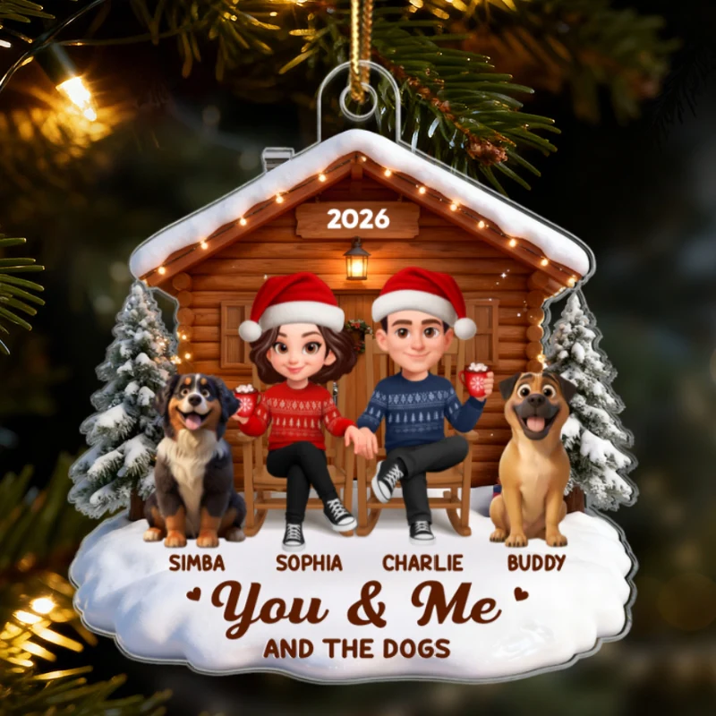 3D Effect Christmas Couple And Dog Cat Wooden Cabin - Personalized Acrylic Ornament - Heartfelt Gift For Couple - Image 8