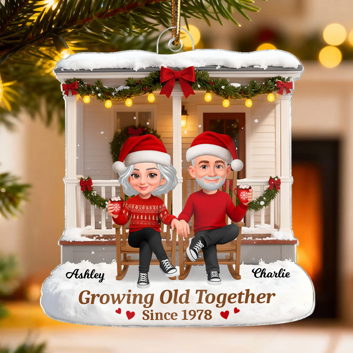 3D Effect Christmas Couple Sitting On Front Porch - Personalized Acrylic Ornament - Heartfelt Gift For Couple - Image 4