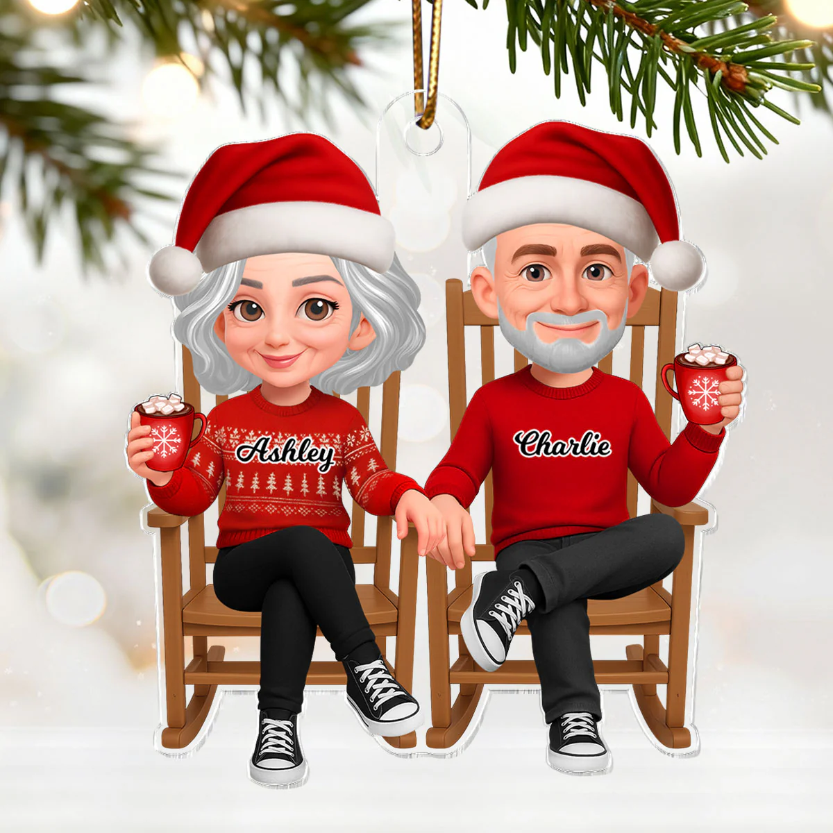 3D Effect Christmas Couple Sitting On Rocking Chair - Personalized Acrylic Ornament - Heartfelt Gift For Couple