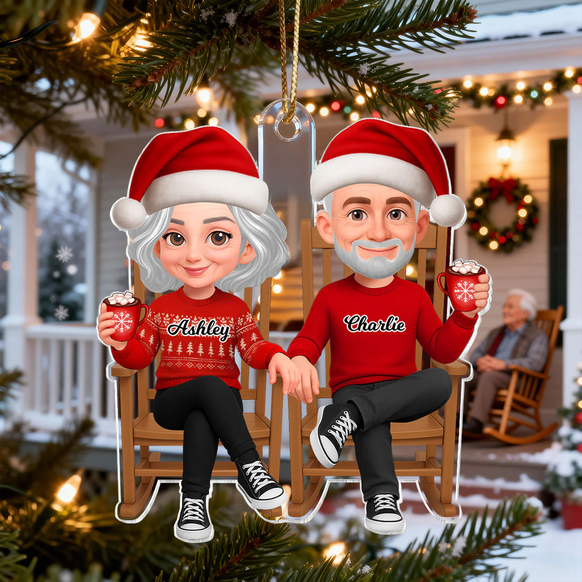 3D Effect Christmas Couple Sitting On Rocking Chair - Personalized Acrylic Ornament - Heartfelt Gift For Couple - Image 11