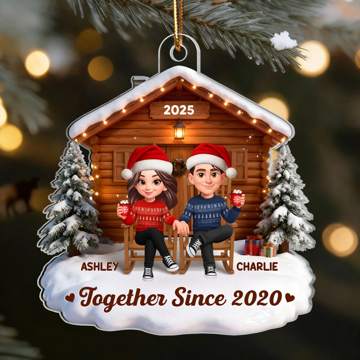 3D Effect Christmas Couple Cabin - Personalized Acrylic Ornament - Heartfelt Gift For Couple