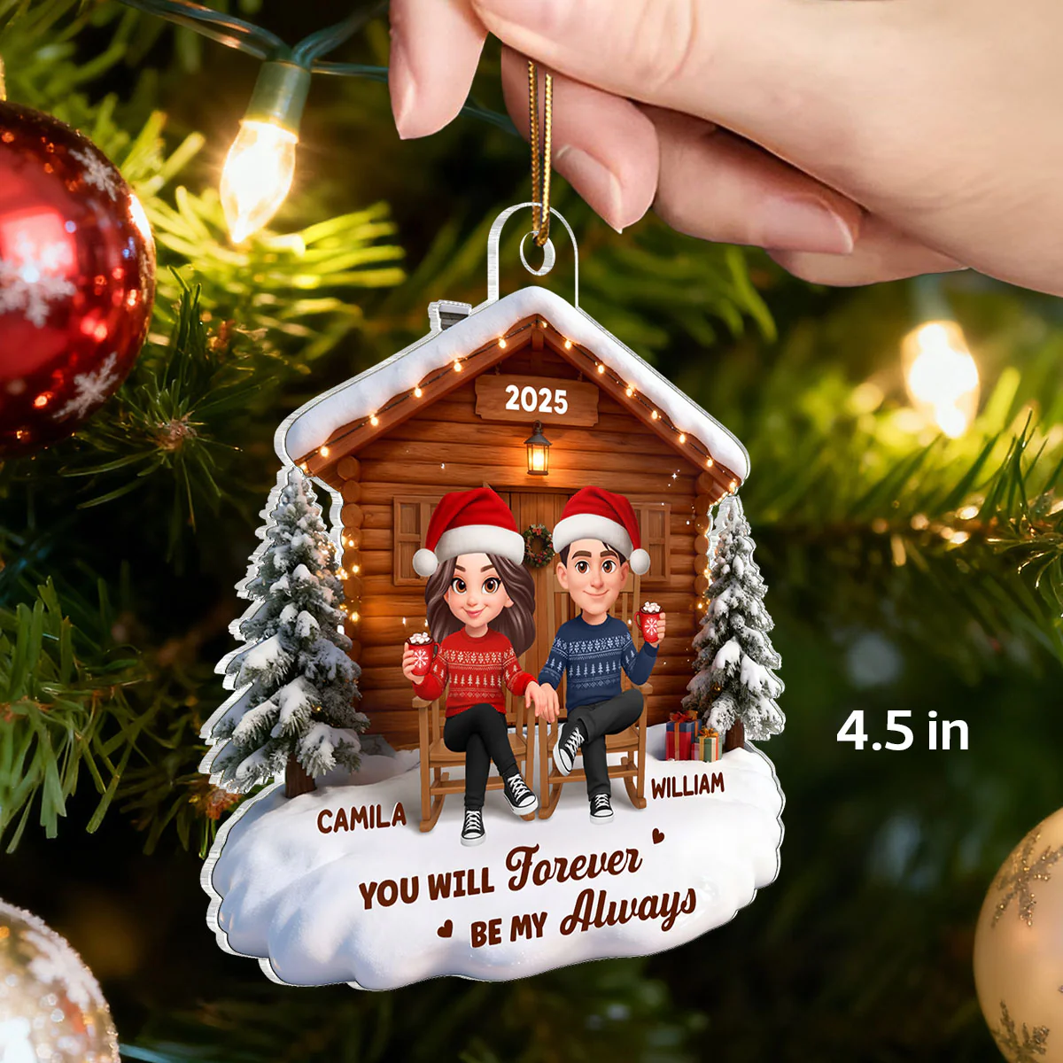 3D Effect Christmas Couple Cabin - Personalized Acrylic Ornament - Heartfelt Gift For Couple - Image 2