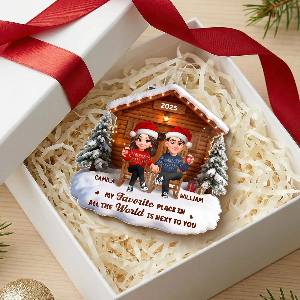 3D Effect Christmas Couple Cabin - Personalized Acrylic Ornament - Heartfelt Gift For Couple - Image 3