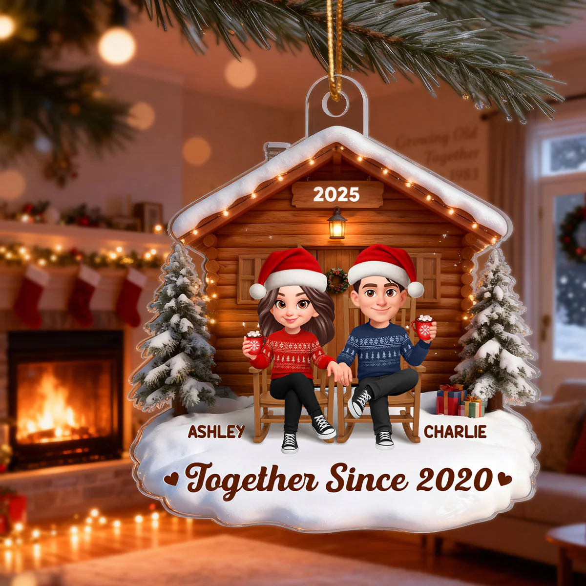3D Effect Christmas Couple Cabin - Personalized Acrylic Ornament - Heartfelt Gift For Couple - Image 4