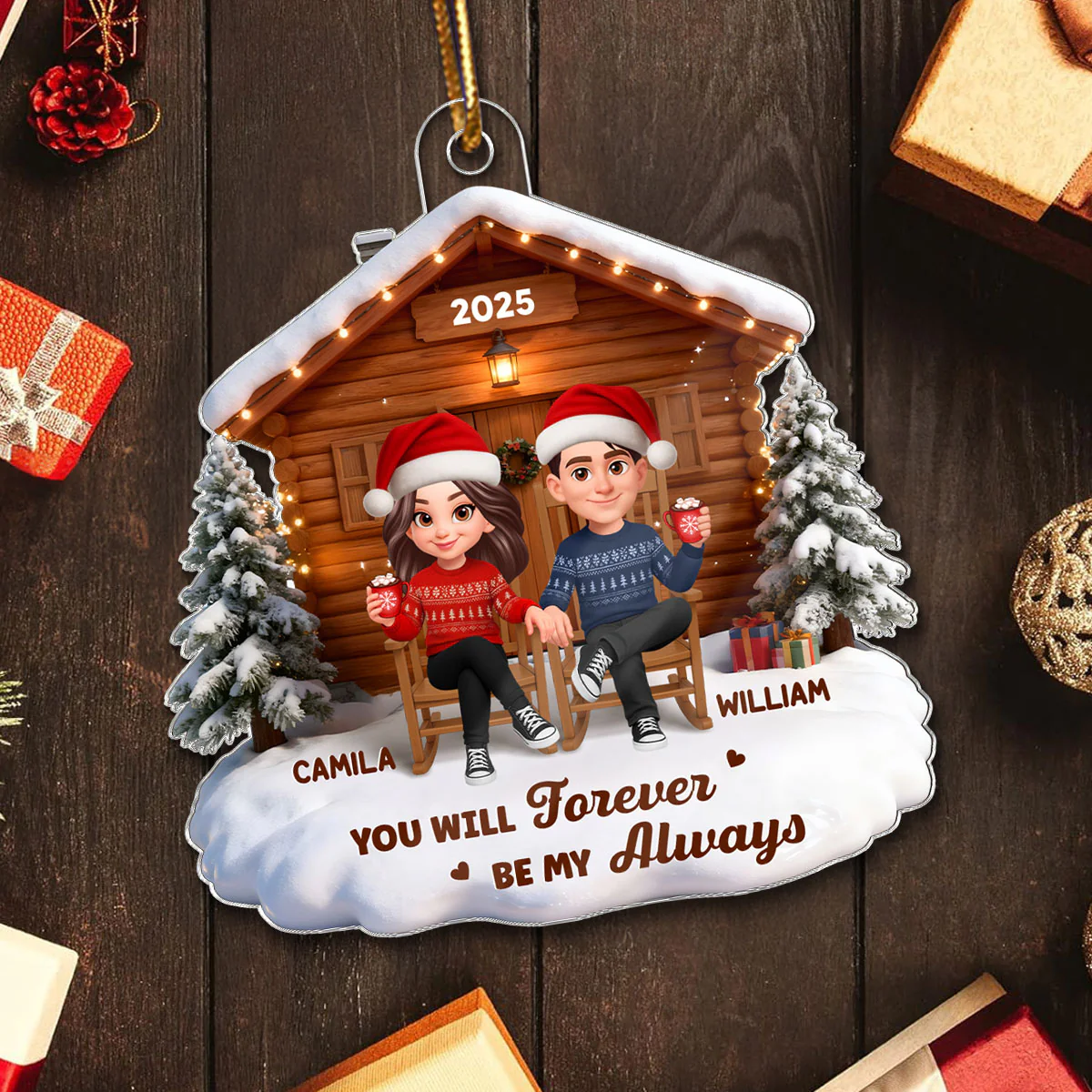 3D Effect Christmas Couple Cabin - Personalized Acrylic Ornament - Heartfelt Gift For Couple - Image 5