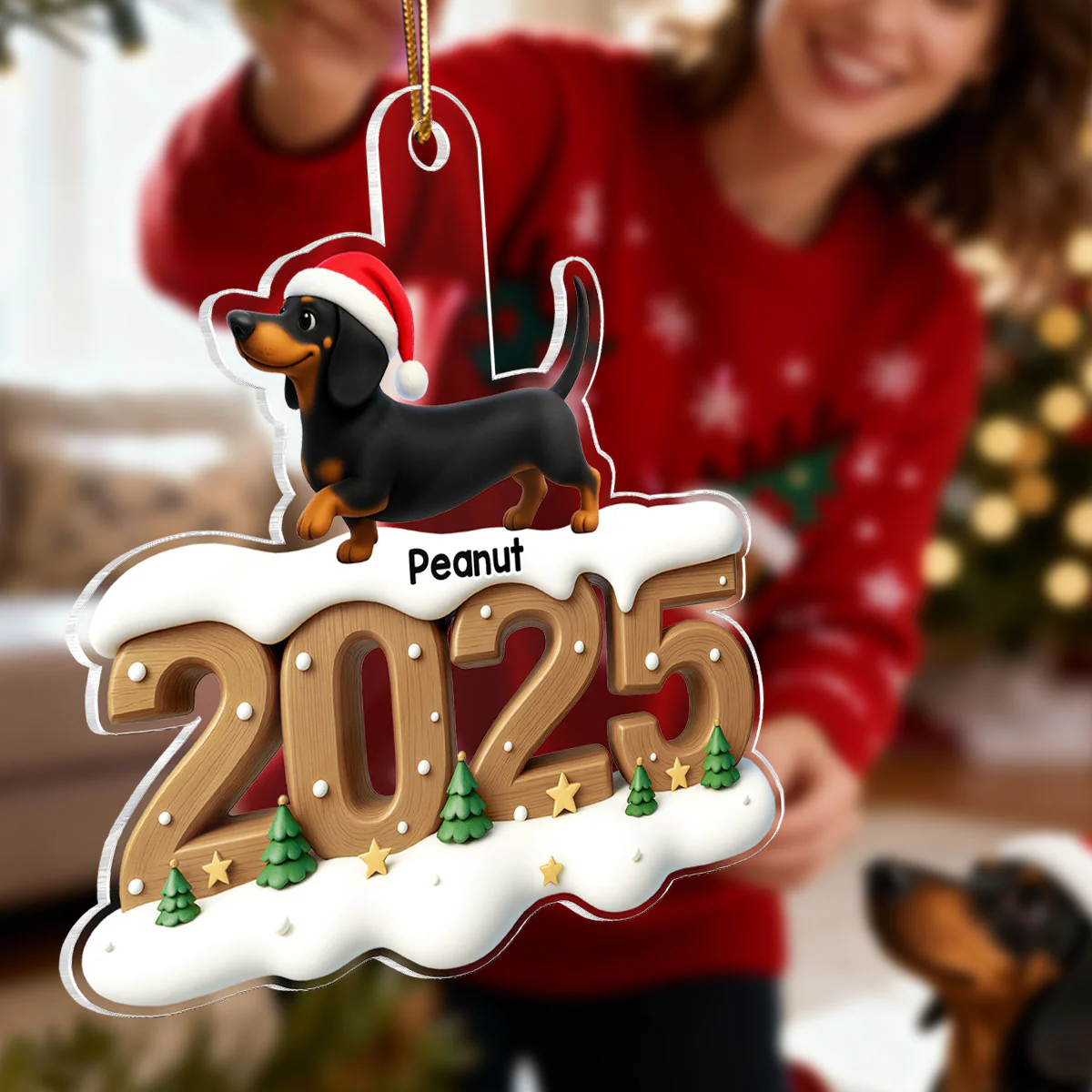3D Effect Christmas Dachshunds Walking - Personalized Acrylic Ornament - Gift For Dachshund Lovers - Image 4