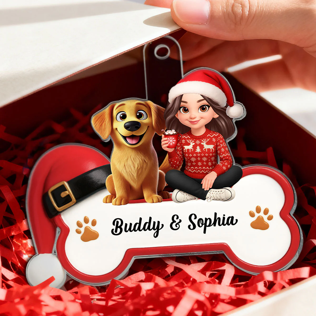 3D Effect Christmas Dog Bone Girl And Dog - Personalized Acrylic Ornament - Gift For Dog Lovers - Image 3