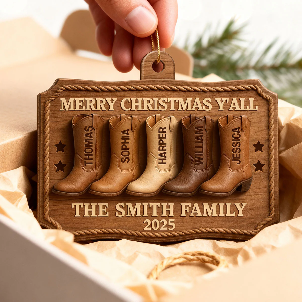 3D Effect Christmas Family Cowboy Boots Merry Christmas Y'all - Personalized Wooden Ornament - Gift For Family - Image 3