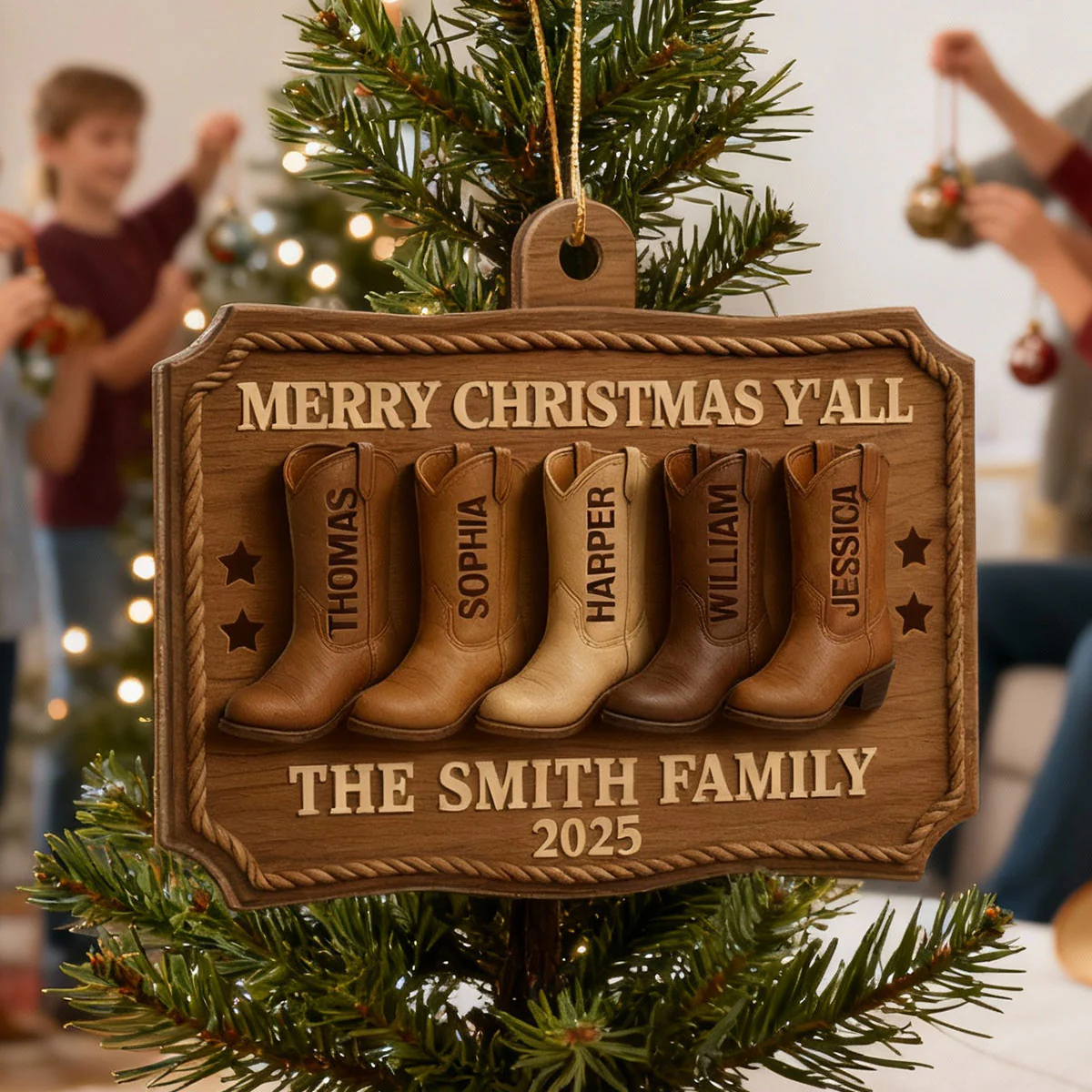 3D Effect Christmas Family Cowboy Boots Merry Christmas Y'all - Personalized Wooden Ornament - Gift For Family - Image 4