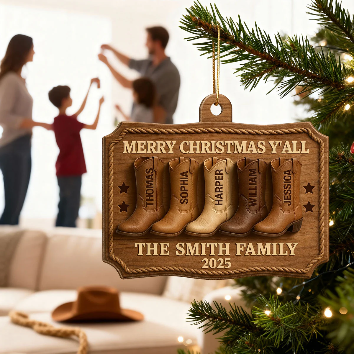 3D Effect Christmas Family Cowboy Boots Merry Christmas Y'all - Personalized Wooden Ornament - Gift For Family - Image 5