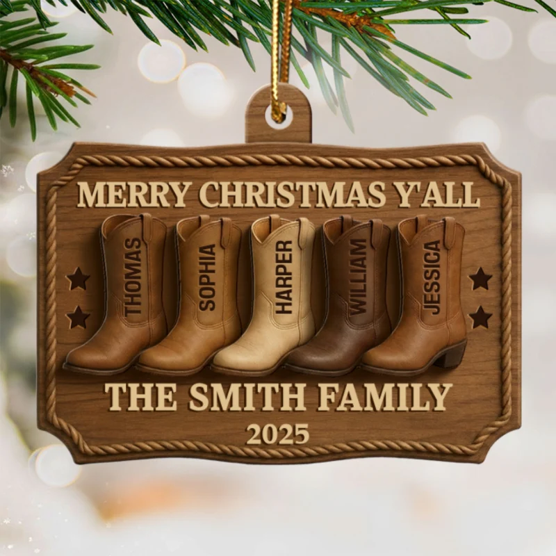 3D Effect Christmas Family Cowboy Boots Merry Christmas Y'all - Personalized Wooden Ornament - Gift For Family - Image 7