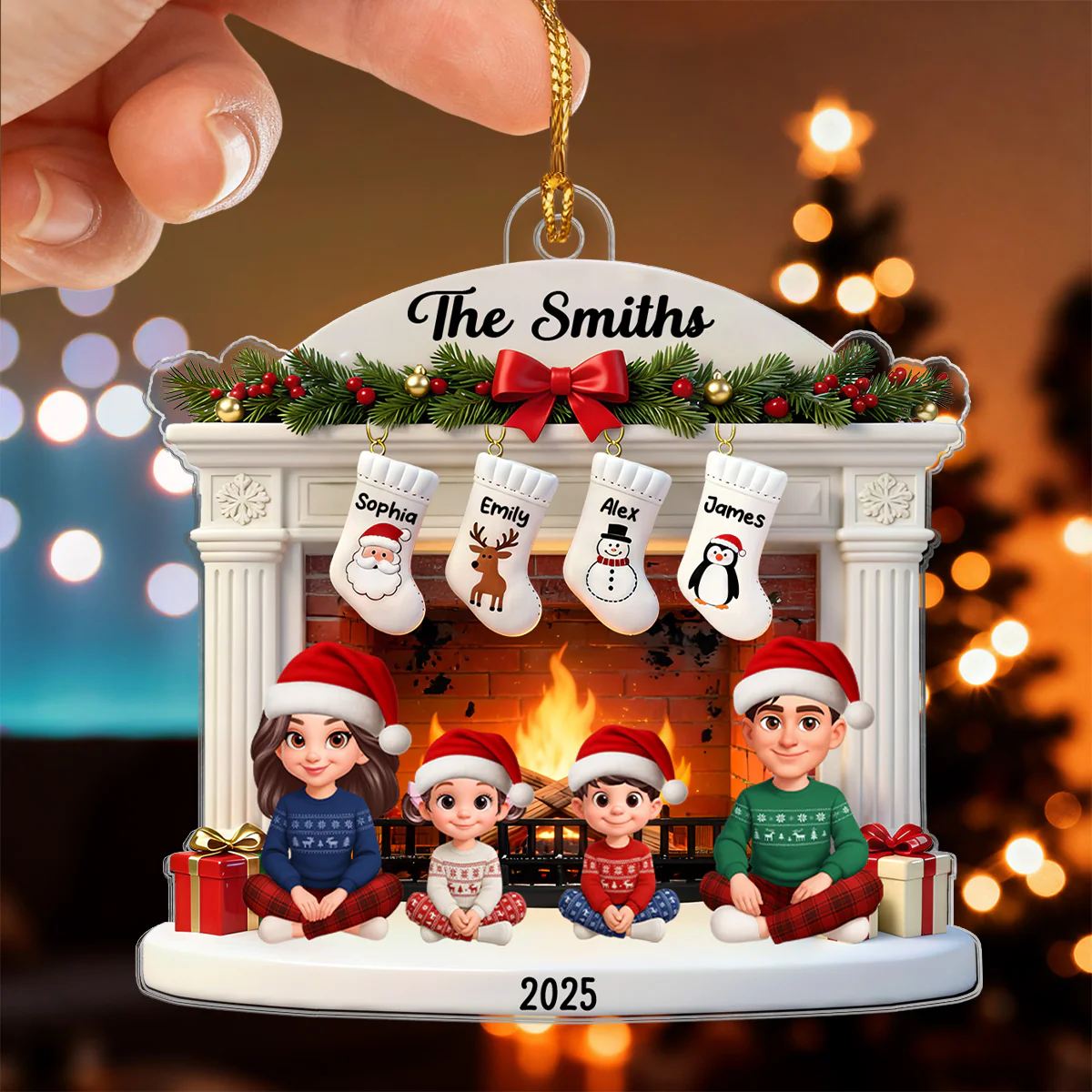 3D Effect Christmas Festive Christmas Fireplace Beautiful Family Together - Personalized Acrylic Ornament - Gift For Family - Image 3
