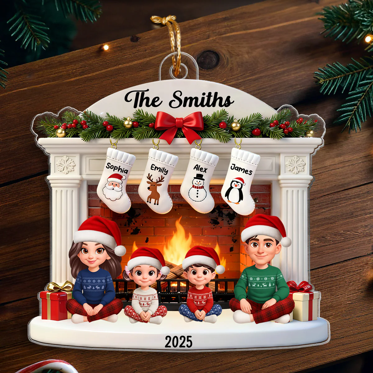 3D Effect Christmas Festive Christmas Fireplace Beautiful Family Together - Personalized Acrylic Ornament - Gift For Family - Image 4