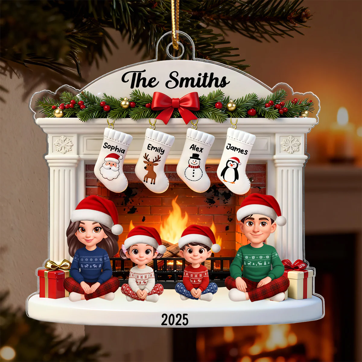 3D Effect Christmas Festive Christmas Fireplace Beautiful Family Together - Personalized Acrylic Ornament - Gift For Family - Image 6