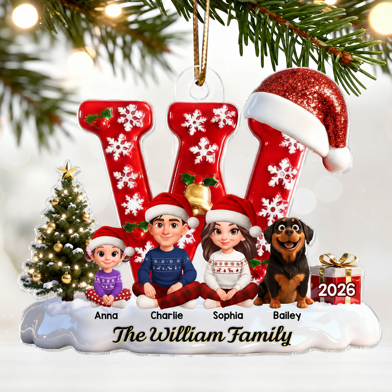 3D Effect Christmas Festive Family Name Initial Beautiful Family Together - Personalized Acrylic Ornament - Gift For Family - Image 2