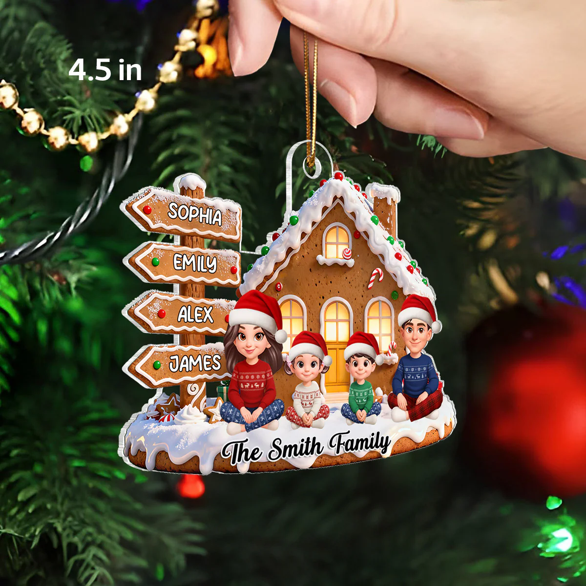 3D Effect Christmas Gingerbread Cake House Beautiful Family Together - Personalized Acrylic Ornament - Image 2