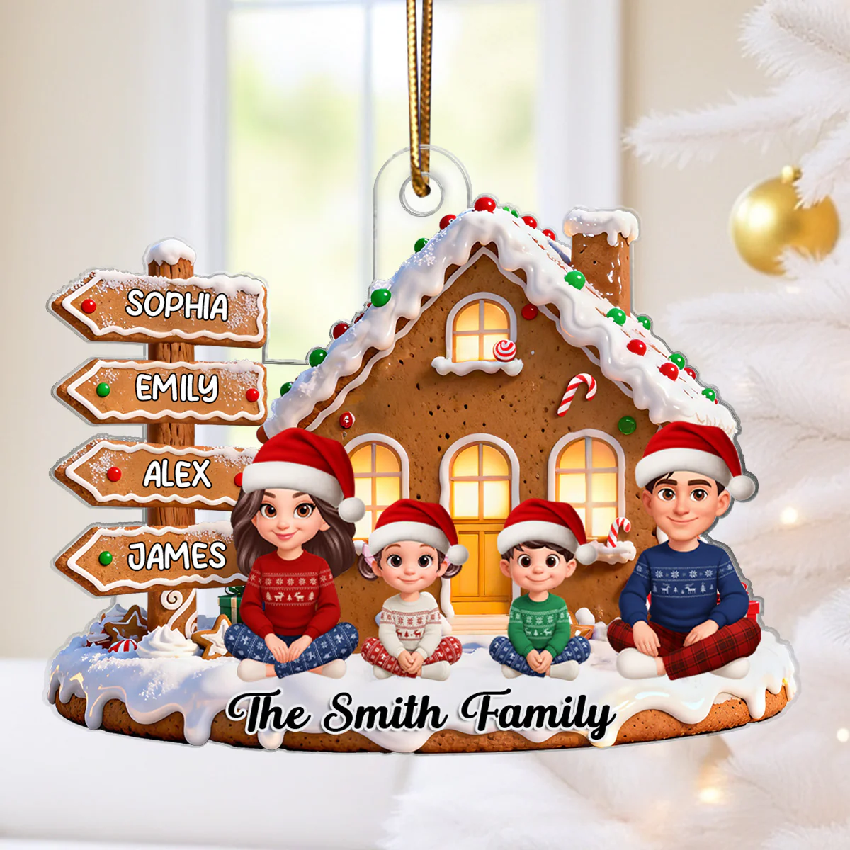 3D Effect Christmas Gingerbread Cake House Beautiful Family Together - Personalized Acrylic Ornament - Image 3