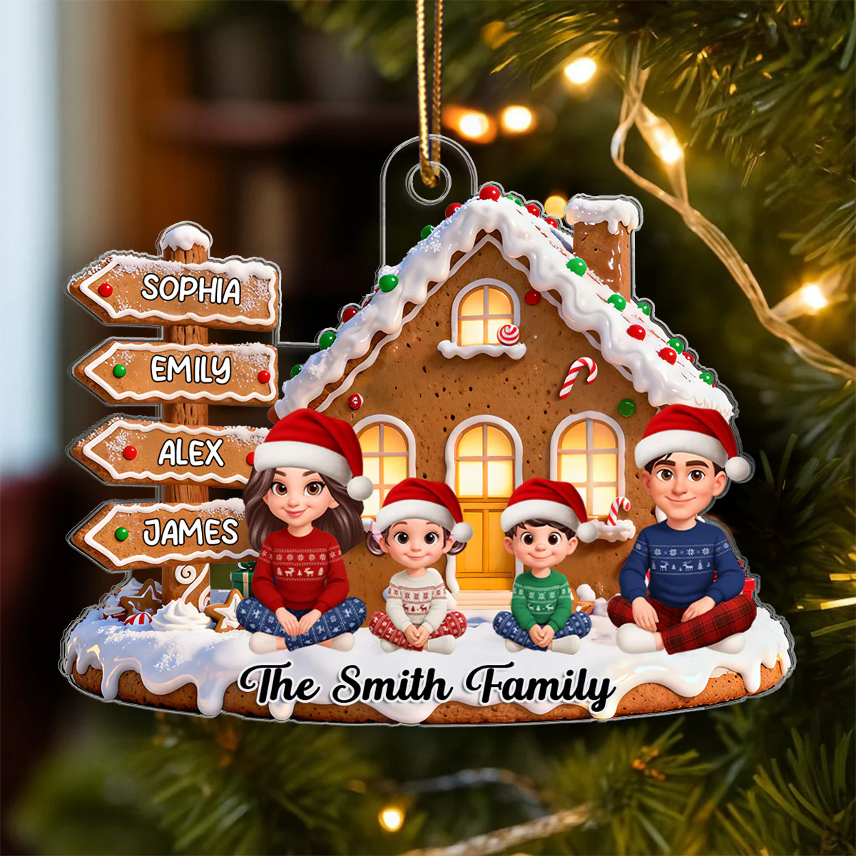3D Effect Christmas Gingerbread Cake House Beautiful Family Together - Personalized Acrylic Ornament - Image 4