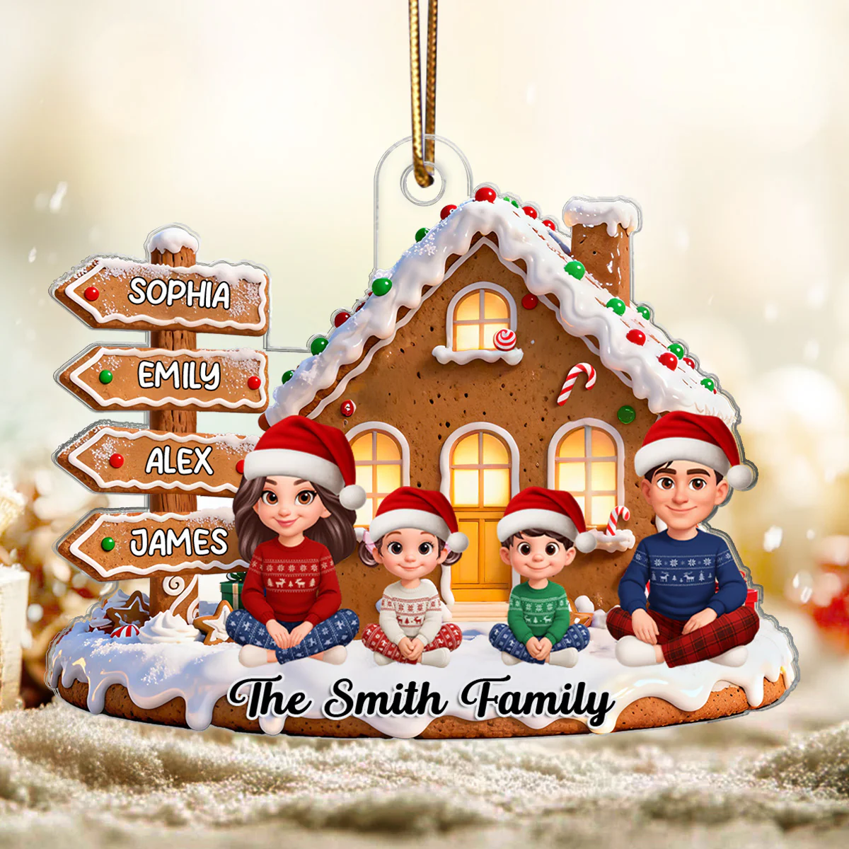 3D Effect Christmas Gingerbread Cake House Beautiful Family Together - Personalized Acrylic Ornament - Image 5