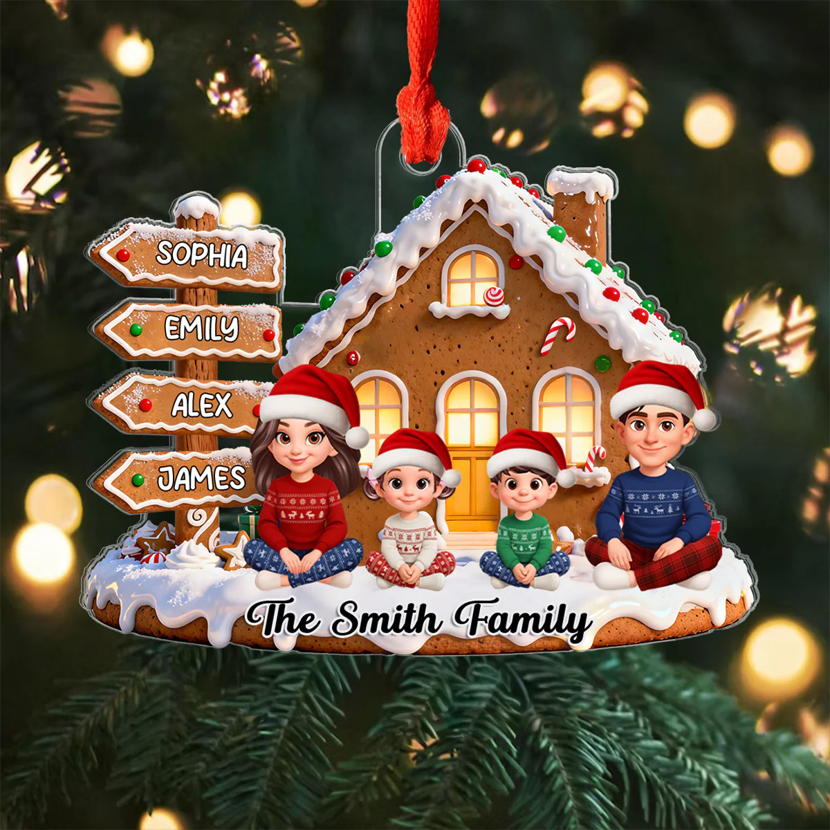3D Effect Christmas Gingerbread Cake House Beautiful Family Together - Personalized Acrylic Ornament - Image 6