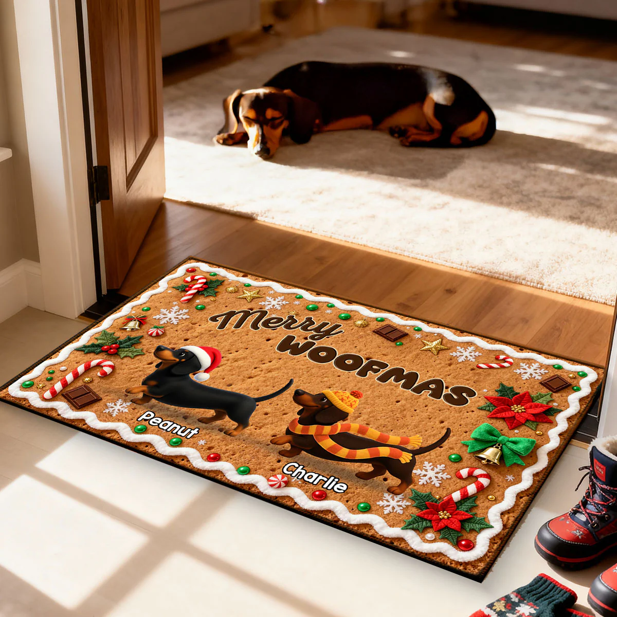 3D Effect Christmas Happy Pawliday Dachshunds Walking Gingerbread Cookie Theme - Personalized Doormat - Image 2