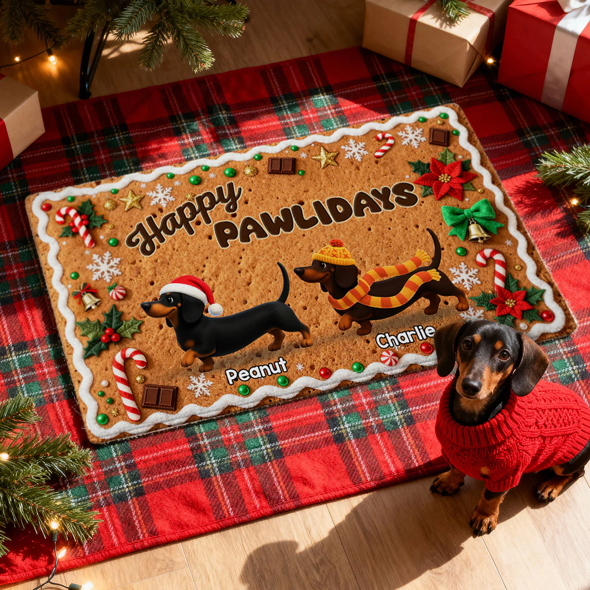 3D Effect Christmas Happy Pawliday Dachshunds Walking Gingerbread Cookie Theme - Personalized Doormat - Image 3